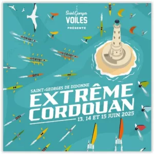 Phare de Cordouan dessiné avec des kitesurf wingfoil windsurf et pirogue convergeant en sa direction par la mer